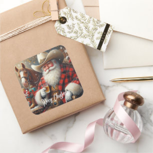 Santa Claus in Cowboy Hat Christmas Square Sticker