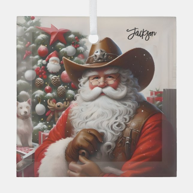  Santa Claus in Leather Cowboy Hat Christmas Glass Tree Decoration (Front)