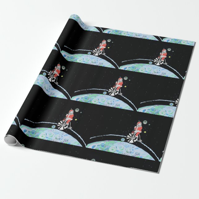 Santa Claus in Outer Space on an old Bicycle Wrapping Paper (Unrolled)