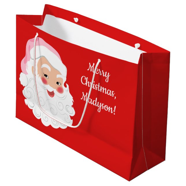 Santa Claus in Pink Hat Vintage Christmas Large Gift Bag (Front Angled)
