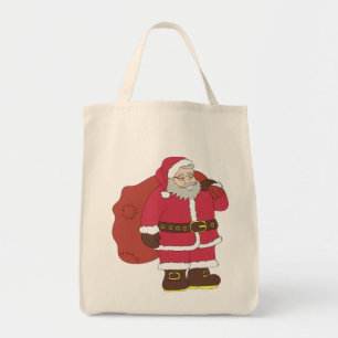 Santa Claus in red with gift bag and eyeglasses