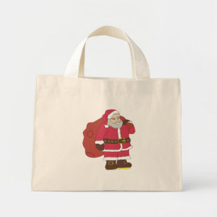Santa Claus in red with gift bag and eyeglasses