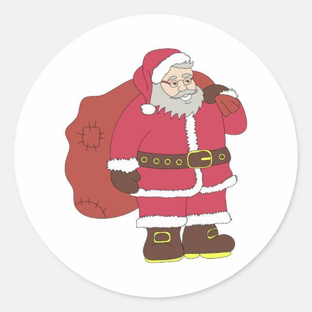 Santa Claus in red with gift bag and eyeglasses  Classic Round Sticker (Front)