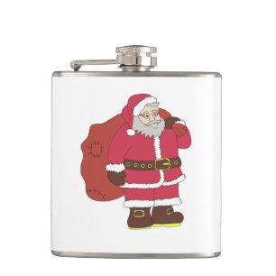 Santa Claus in red with gift bag and eyeglasses Hip Flask