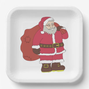 Santa Claus in red with gift bag and eyeglasses Paper Plate