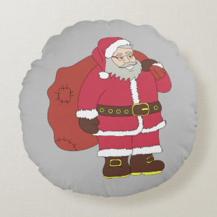 Santa Claus in red with gift bag and eyeglasses Round Cushion