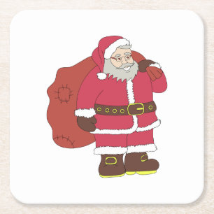 Santa Claus in red with gift bag and eyeglasses  Square Paper Coaster