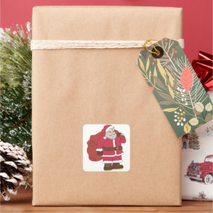 Santa Claus in red with gift bag and eyeglasses  Square Sticker