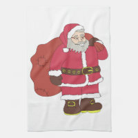 Santa Claus in red with gift bag and eyeglasses