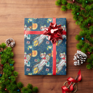 Santa Claus in Rocket Ship Earth Moon Stars Wrapping Paper