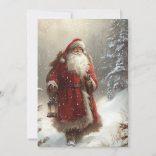 Santa Claus in Snowy Forest Happy Holidays Flat Card