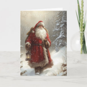 Santa Claus in Snowy Forest Happy Holidays Folded Card