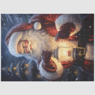 Santa Claus in snowy forest with glowing lantern Tissue Paper