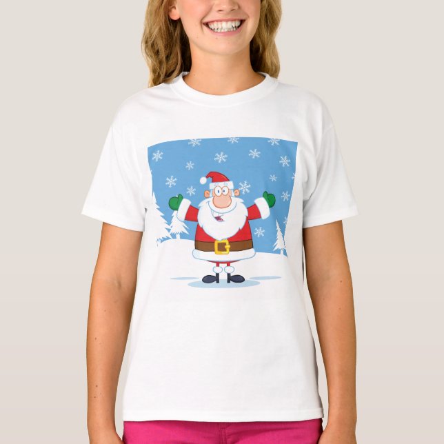 Santa Claus in Snowy Winter Scene T-Shirt (Front)