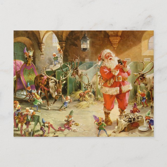 Santa Claus in the North Pole Reindeer Stables Holiday Postcard (Front)