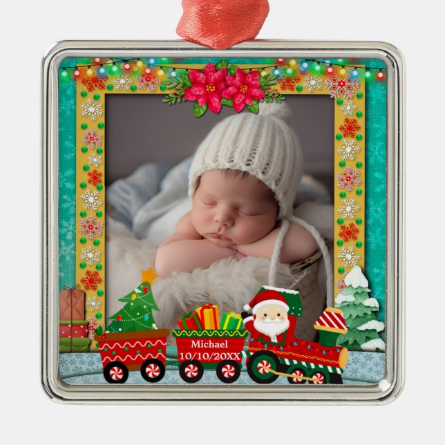 Santa Claus in Train, Christmas and holiday photo Metal Ornament (Front)