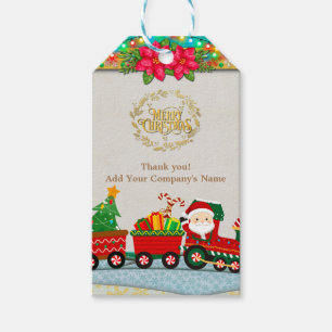 Santa Claus in Train with Gifts and Christmas Tree Gift Tags