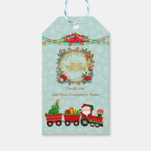 Santa Claus in Train with Gifts and Christmas Tree Gift Tags