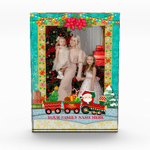 Santa Claus in Train with Gifts and Christmas Tree Photo Block