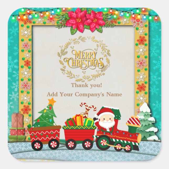 Santa Claus in Train with Gifts and Christmas Tree Square Sticker (Front)