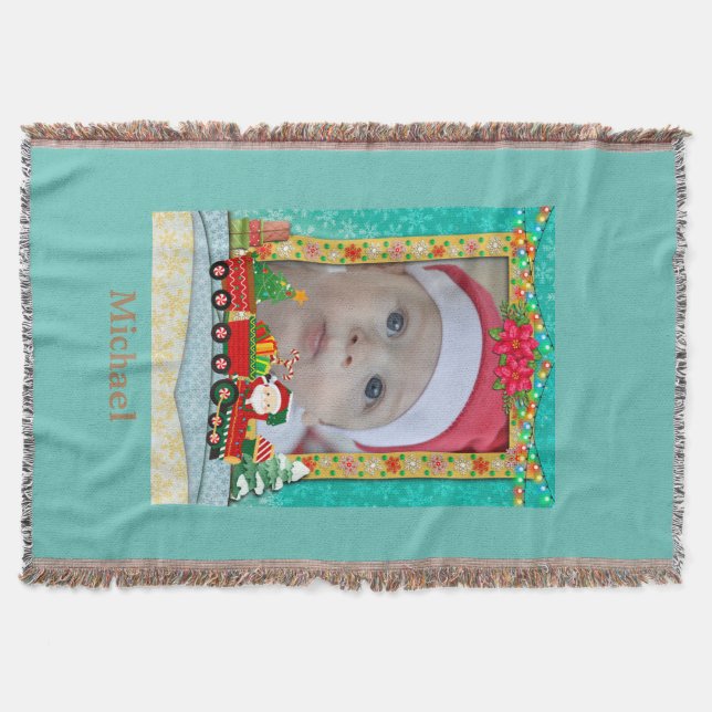 Santa Claus in Train with Gifts and Christmas Tree Throw Blanket (Front)