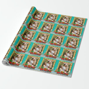 Santa Claus in Train with Gifts and Christmas Tree Wrapping Paper