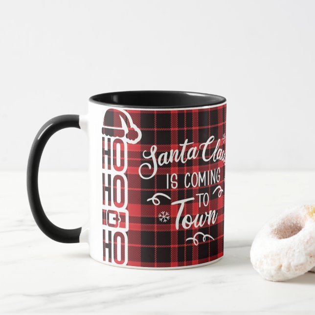 Santa Claus is Coming Red Black Plaid Christmas  Mug (With Donut)