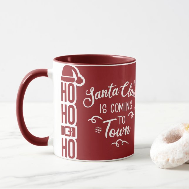 Santa Claus is Coming Red Christmas  Mug (With Donut)