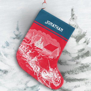 ❄ Santa Claus is Coming Sleigh Reindeers Large Christmas Stocking