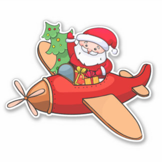 Santa Claus is flying in a red aeroplane with gift
