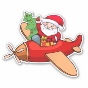 Santa Claus is flying in a red airplane with gifts