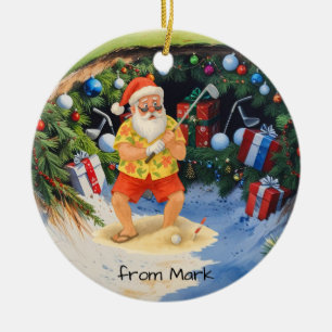 Santa Claus is golfing on golf course at Baunker Ceramic Ornament