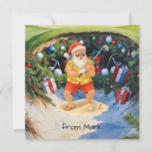 Santa Claus is golfing on golf course at Baunker Holiday Card