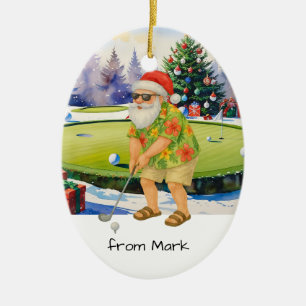 Santa Claus is golfing on golf course background Ceramic Ornament