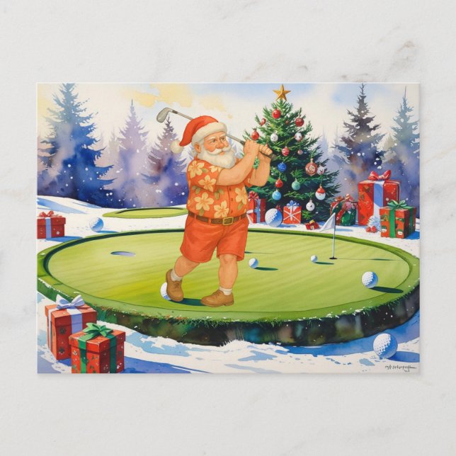 Santa Claus is golfing on putting green Holiday Postcard (Front)