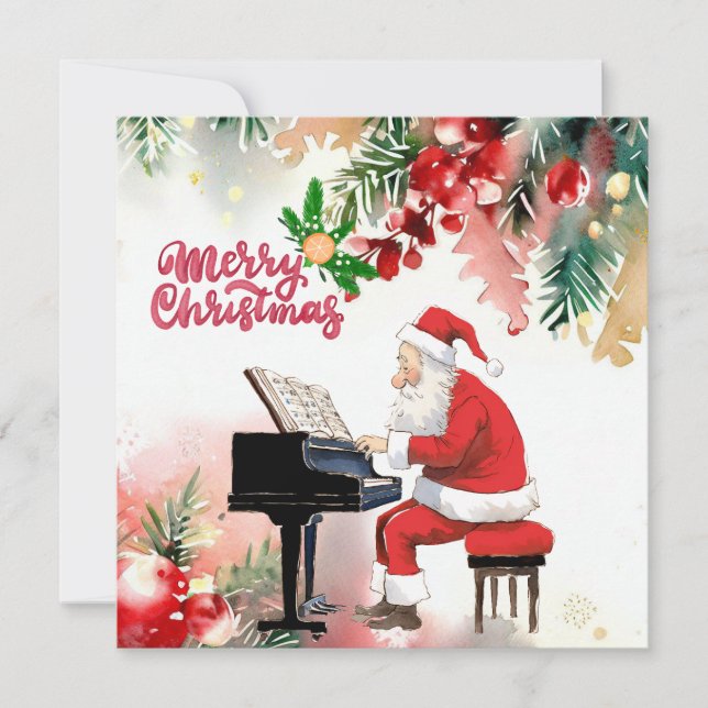 Santa Claus is playing Piano Merry Christmas Holiday Card (Front)