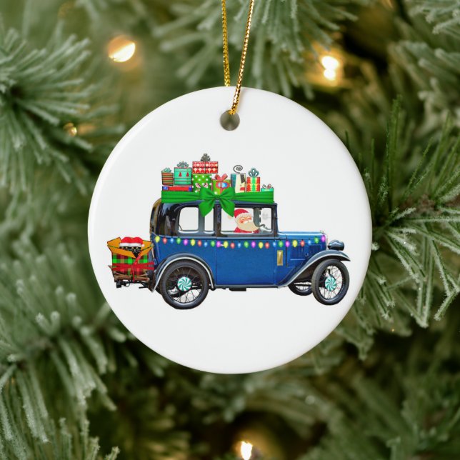 Santa Claus Jalopy Ceramic Ornament (Tree)
