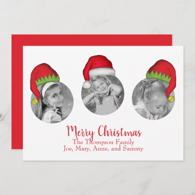 Santa Claus Jolly Elf Whimsical North Pole 3 Photo Holiday Card (Front/Back)