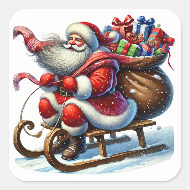 Santa Claus Joyfully Rides a Sleigh With Gifts Square Sticker (Front)