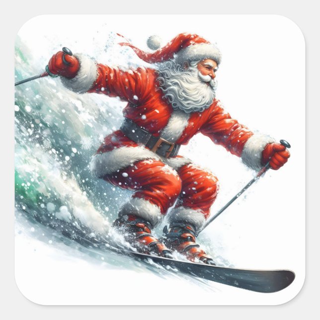 Santa Claus Joyfully Skiing Down Snowy Slopes Square Sticker (Front)