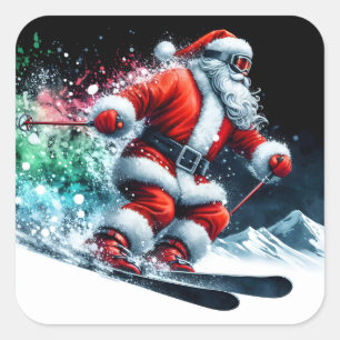 Santa Claus Joyfully Skiing on Snowy Mountains Square Sticker
