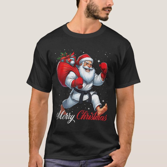 Santa Claus Karate Player Merry Christmas Snow Xma T-Shirt (Front)