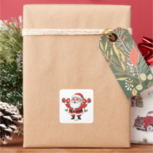 Santa Claus Lifting Dumbbells – Funny Christmas Square Sticker