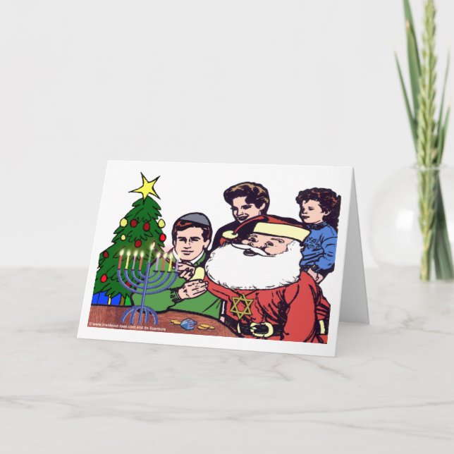 Santa Claus Lighting The Menorah - Xmas Chanukah Holiday Card (Front)