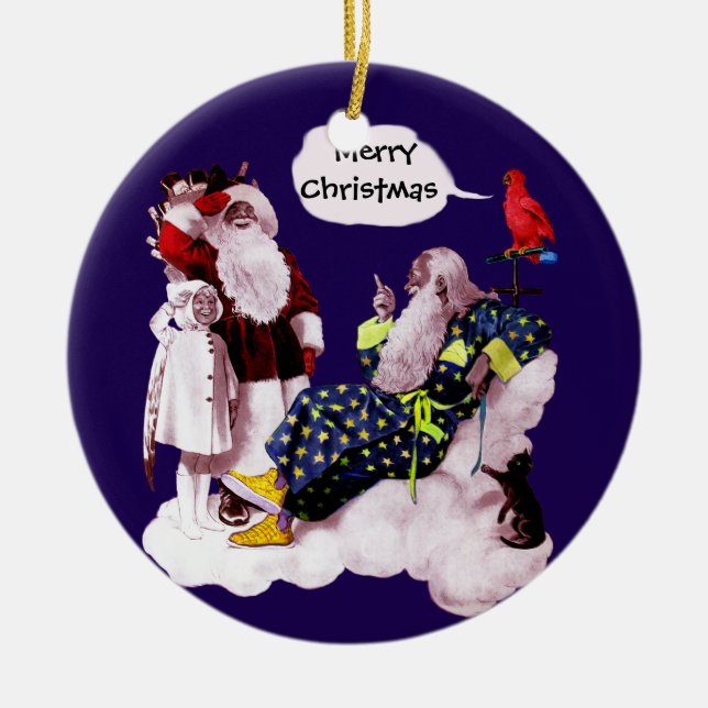 SANTA CLAUS, LITTLE ANGEL & MERLIN Christmas Party Ceramic Tree Decoration (Front)