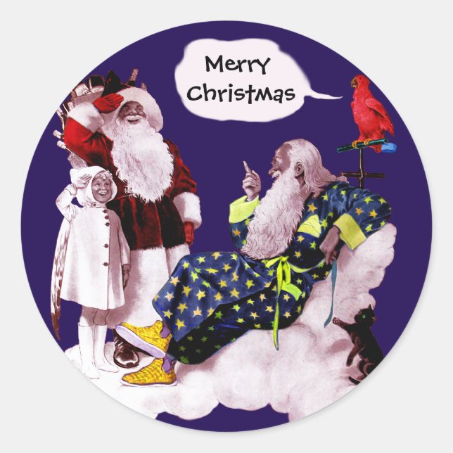 SANTA CLAUS,LITTLE ANGEL& MERLIN Christmas Party Classic Round Sticker (Front)