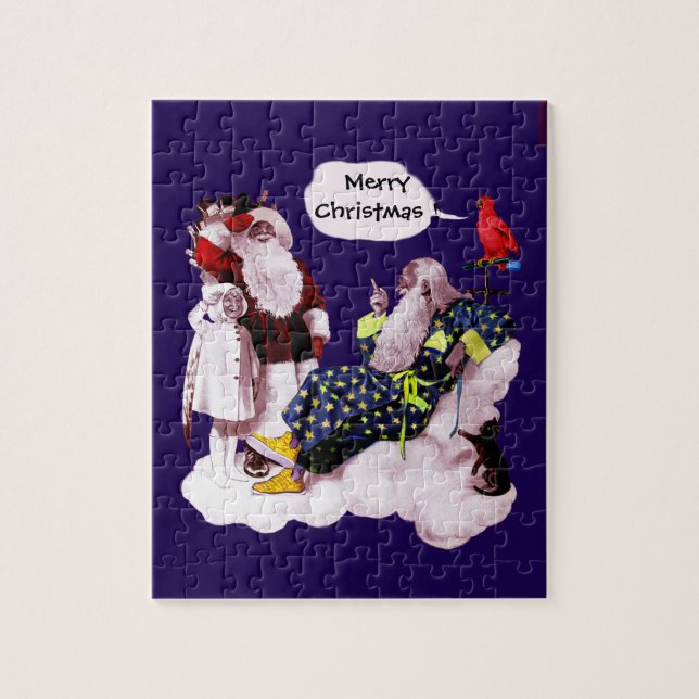 SANTA CLAUS, LITTLE ANGEL & MERLIN Christmas Party Jigsaw Puzzle (Vertical)