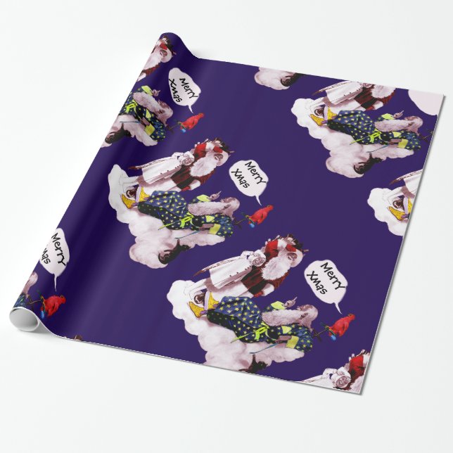 SANTA CLAUS,LITTLE ANGEL& MERLIN Christmas Party Wrapping Paper (Unrolled)