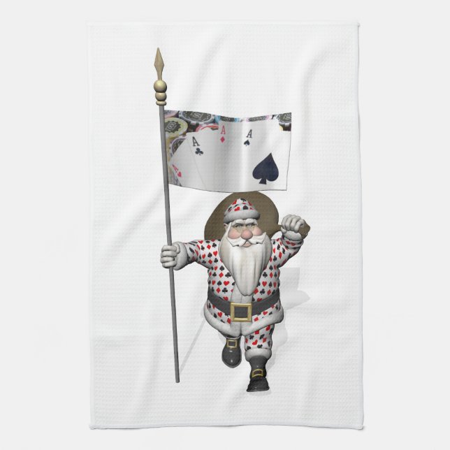 Santa Claus Loves Playing  Poker Tea Towel (Vertical)