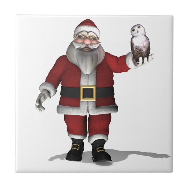 Santa Claus Loves Snowy Owl Ceramic Tile (Front)